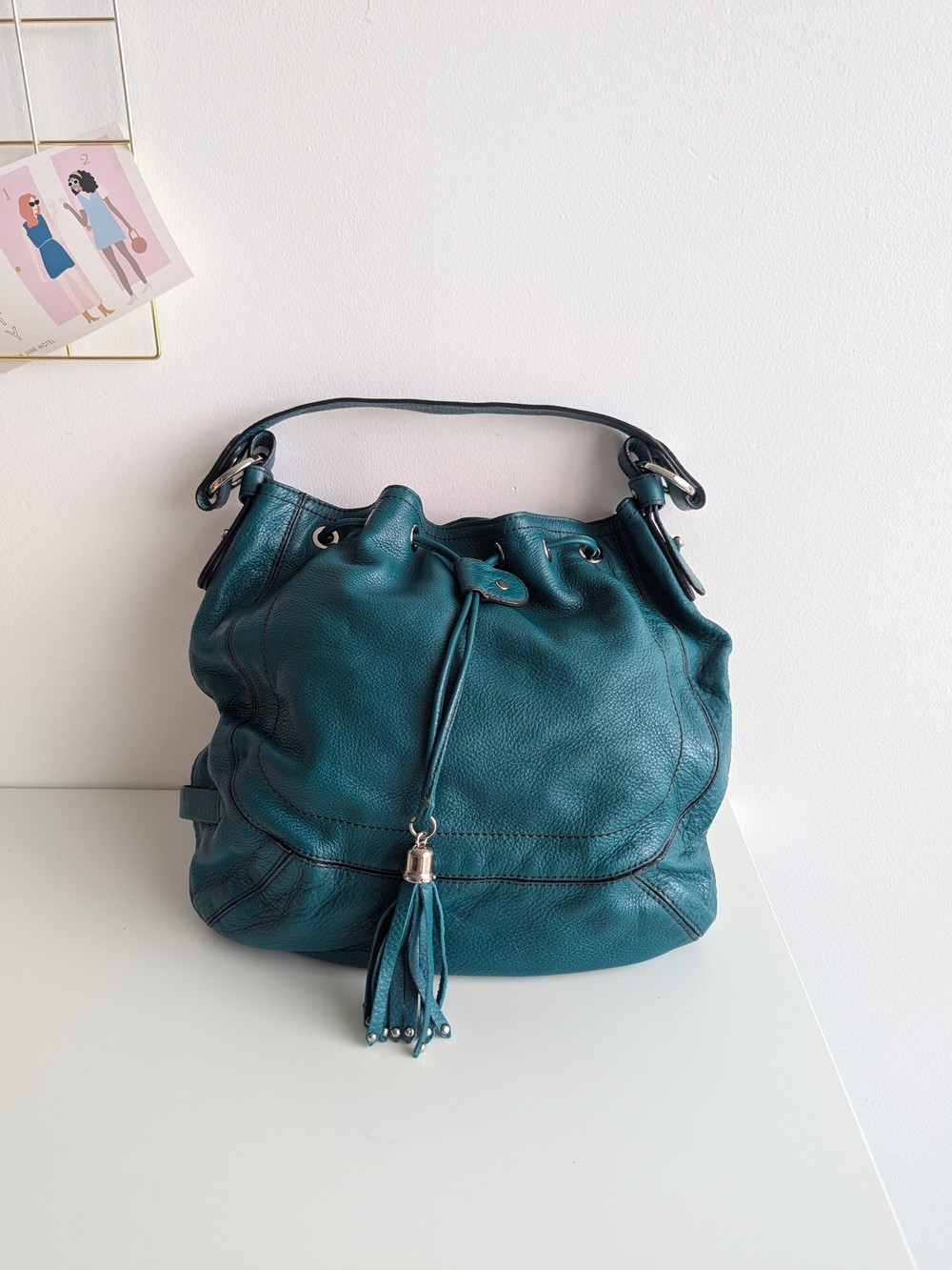 Danier Leather Teal Drawstring Hobo Bucket Bag with Tassel